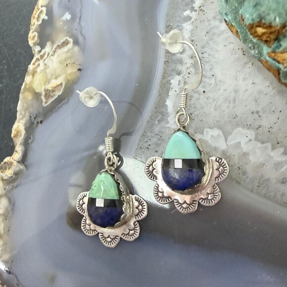 Clifton Aguilar Sterling Teardrop Multistone Inlay Dangle Earrings For Women - Picture 2 of 10